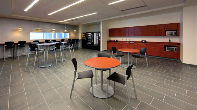 Second-floor break room/dining area.