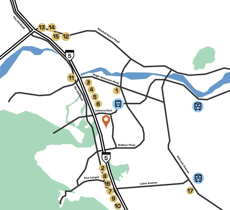 Map of places to stay in Santa Clarita for WordCamp. A detailed list of what is represented here is directly below.