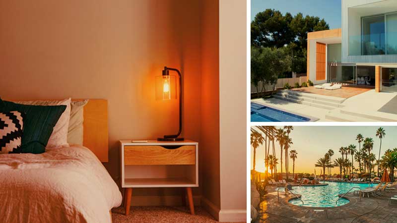 Clockwise: Warmly lit modern hotel room bed, nightstand, and lamp; Rental residence backyard with a pool and sundeck; and resort pool at sunset.