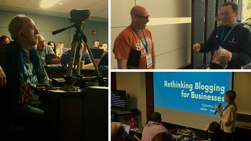 Clockwise: Volunteer using video camera to record session during WordCamp; Volunteer and an attendee having an animated discussion; and a speaker during her presentation.